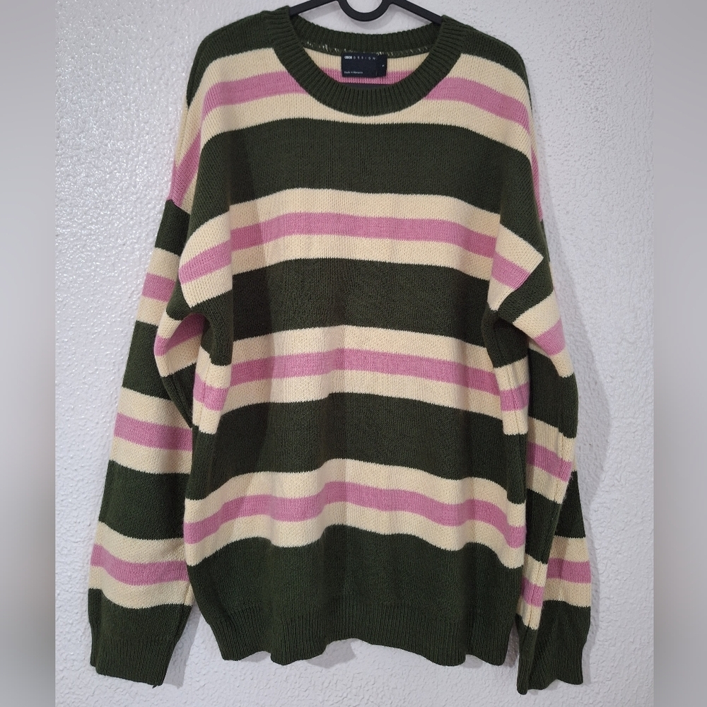 ASOS  Oversized Green and Pink Striped Crew Neck Sweater